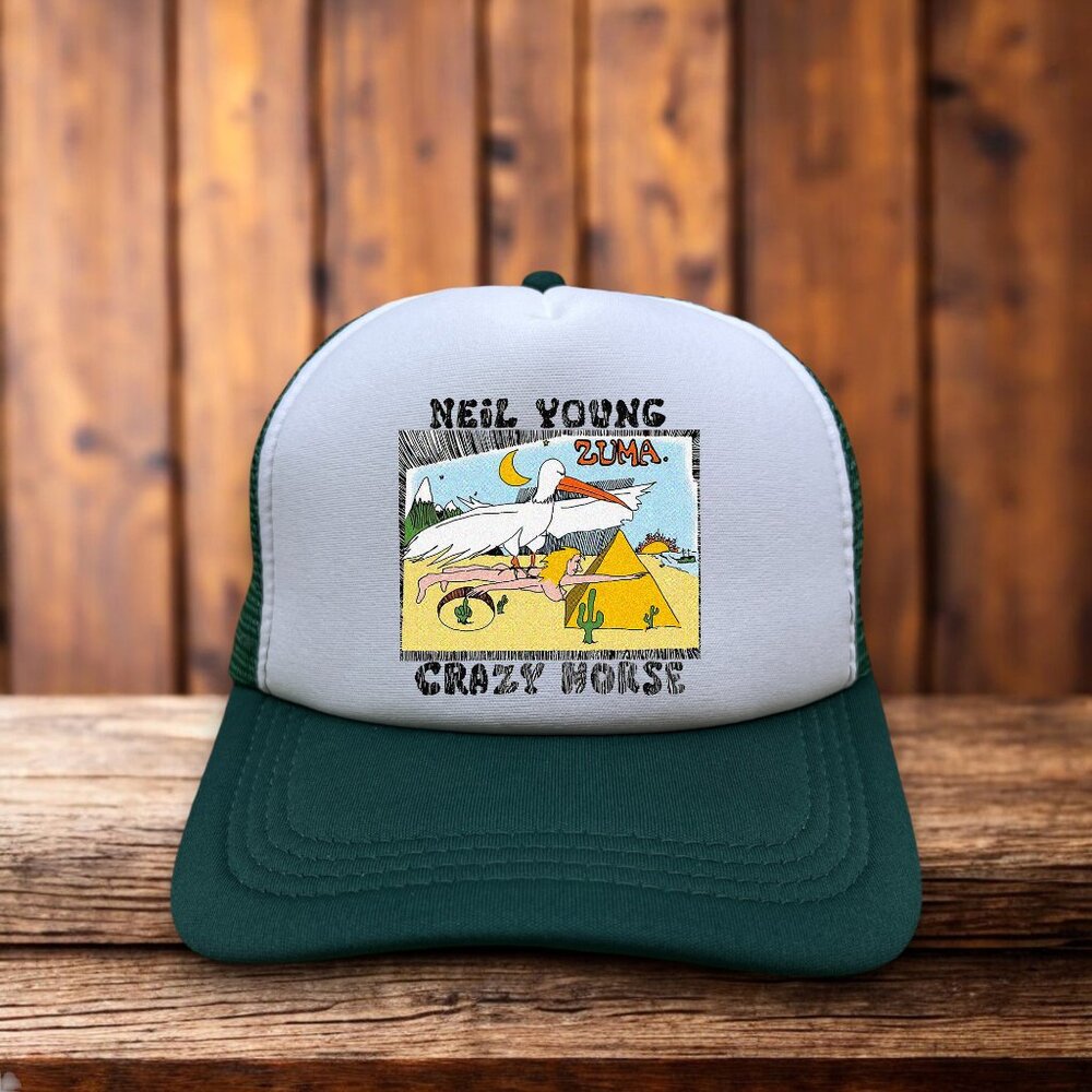 Neil Young Crazy Horse Unisex Trucker Hat Green Snapback Folk Rock Baseball Cap